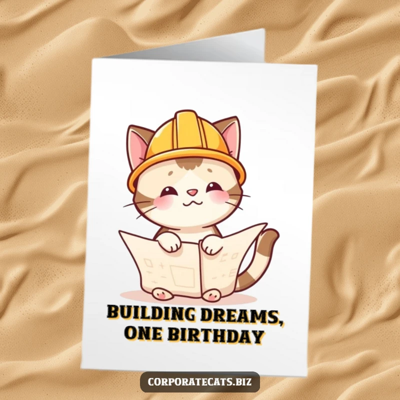 Funny Free Printable Birthday Card: Cat engineer in hard hat studies blueprints, planning a purrfectly constructed party.
