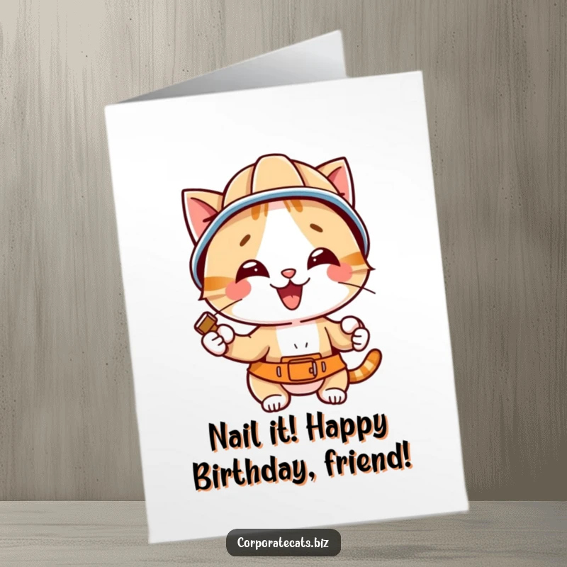 Funny free printable birthday card showing a happy cat in a hard hat, enthusiastically hammering a nail for a DIY celebration.