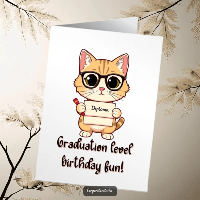 Funny Free Printable Birthday Card: A sophisticated cat proudly holds a tiny diploma, looking very accomplished.