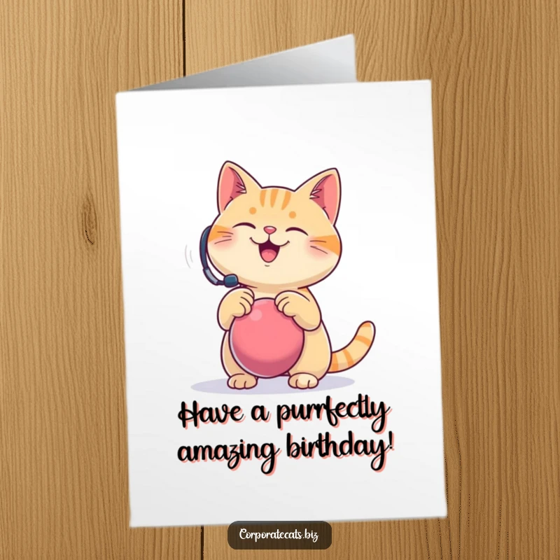 Funny free printable birthday card showing a cat wearing a headset, happily bouncing a stress ball, embodying cheerful stress relief.