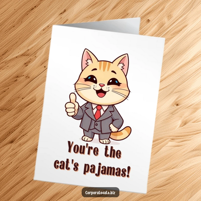 Funny Free Printable Birthday Card: Smiling cat in a suit giving a thumbs up, celebrating a birthday with style.