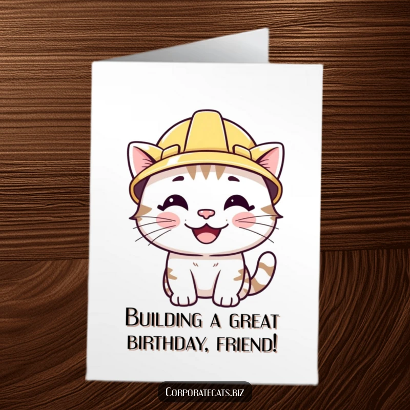 Funny free printable birthday card showing a smiling cat character wearing a small, bright yellow hard hat with confidence.