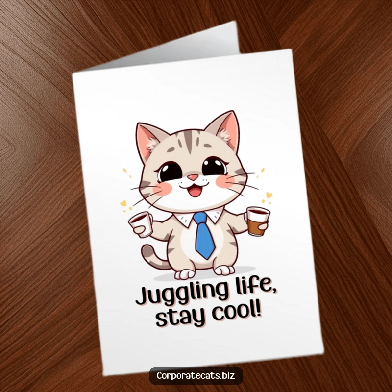 Funny Free Printable Cat Card: A grinning cat in a tiny tie juggles coffee cups with skill.
