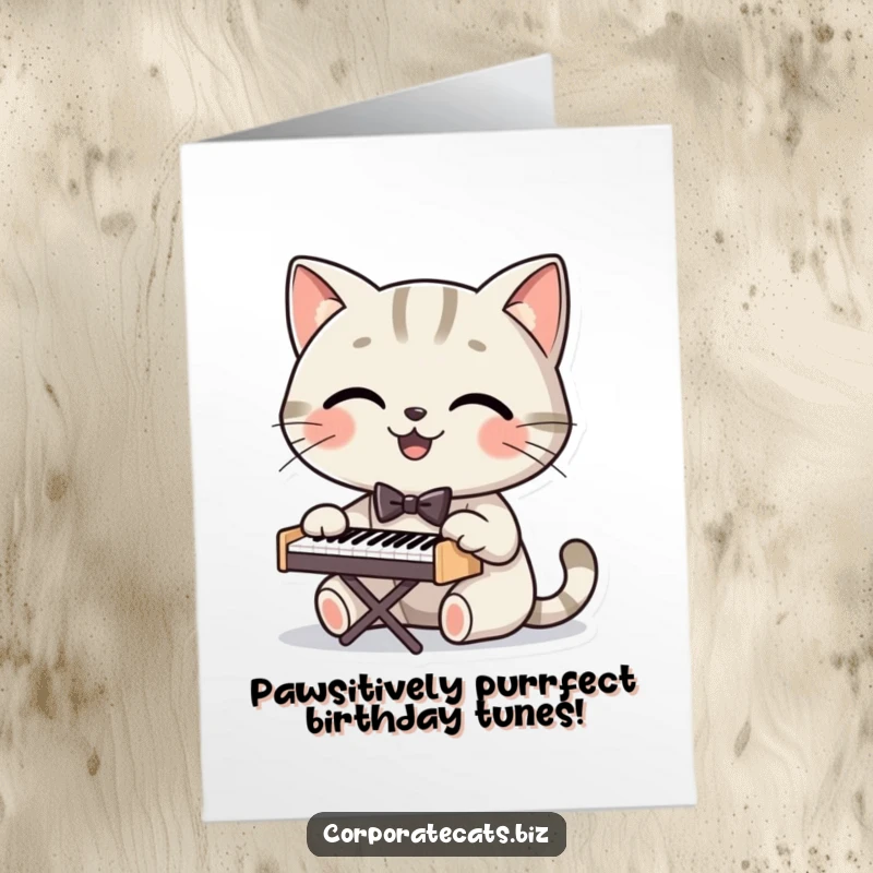 Funny Free Printable Birthday Card: Smiling cat in bowtie plays tiny piano with joy, a humorous downloadable gift.