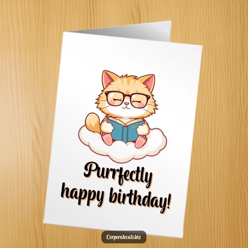 Funny Free Printable birthday card: a fluffy cat in glasses reads a book on a cloud.