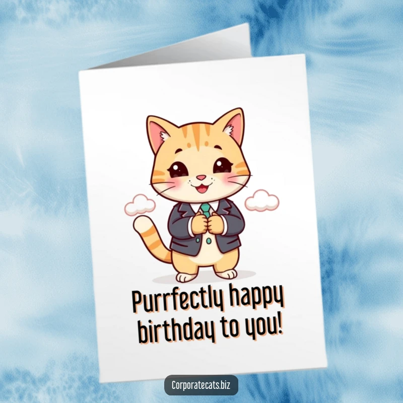 Funny free printable birthday card: smiling cat in business suit shaking hands with a cloud partner.