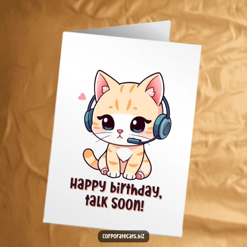 Funny Free Printable Birthday Card: A cat wearing a headset is intensely focused on a video call, celebrating a birthday.