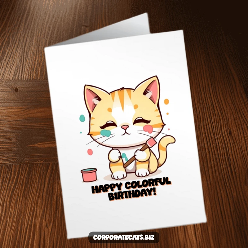 Funny Free Printable Birthday Card: Cat artist smears paint on its face, creating a colorful and comical masterpiece.