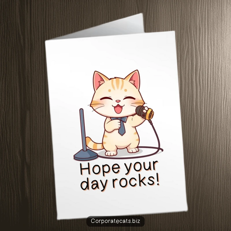 Funny Free Printable Birthday Card: Cat presenter trips over microphone cord mid-speech, creating digital laughter.