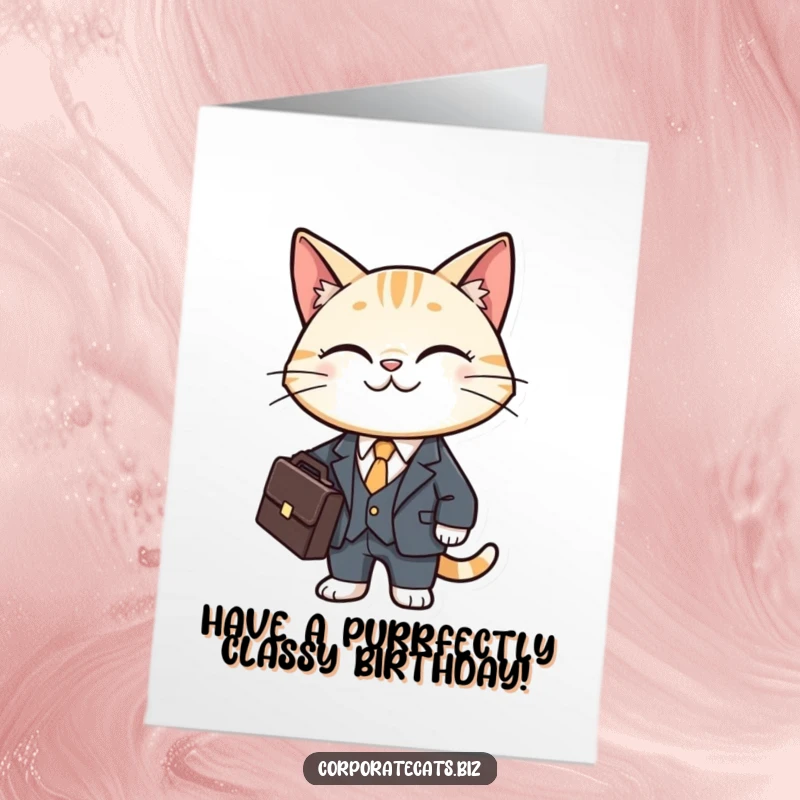 Funny Free Printable Birthday Card: A smiling cat in a tiny business suit professionally holds a briefcase, ready for big deals