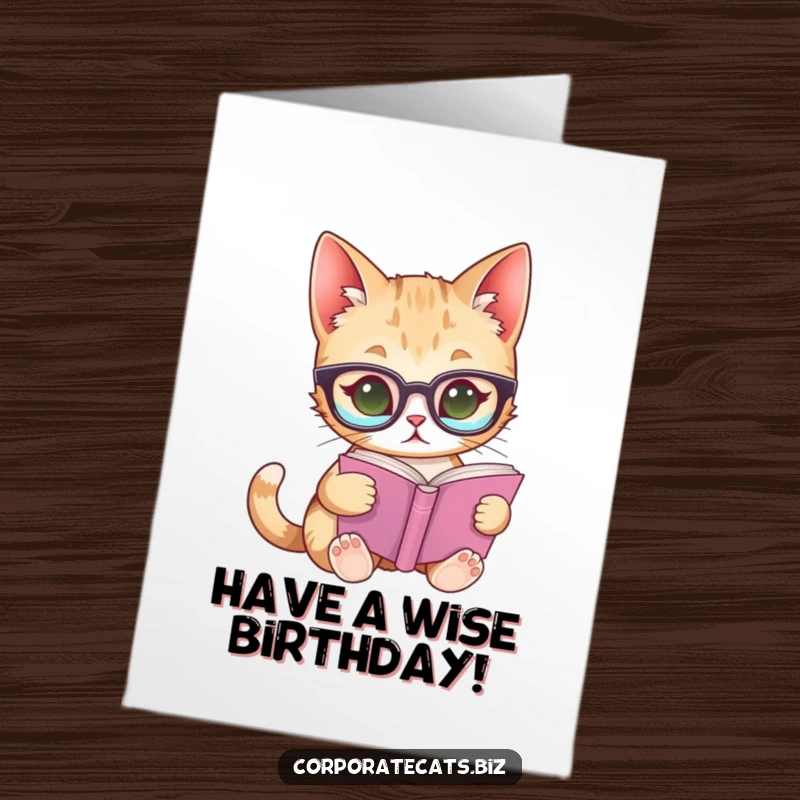 Funny Free Printable Birthday Card: Curious cat wearing glasses, engrossed in a tiny book, perfect for book lovers.