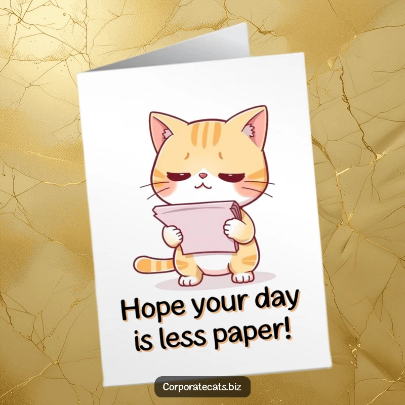 Funny Free Printable Birthday Card: Cat looks overwhelmed holding a huge stack of papers, wishing a happy birthday.