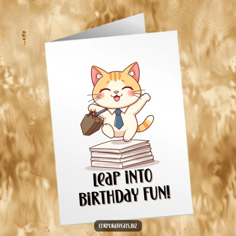 Funny Free Printable Birthday Card: A smiling cat in a tiny tie holding a briefcase leaps comically over a tall stack of papers.