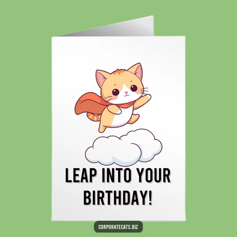 Free Printable Funny Superhero Cat Card: Birthday Leap Cat Downloadable Gift