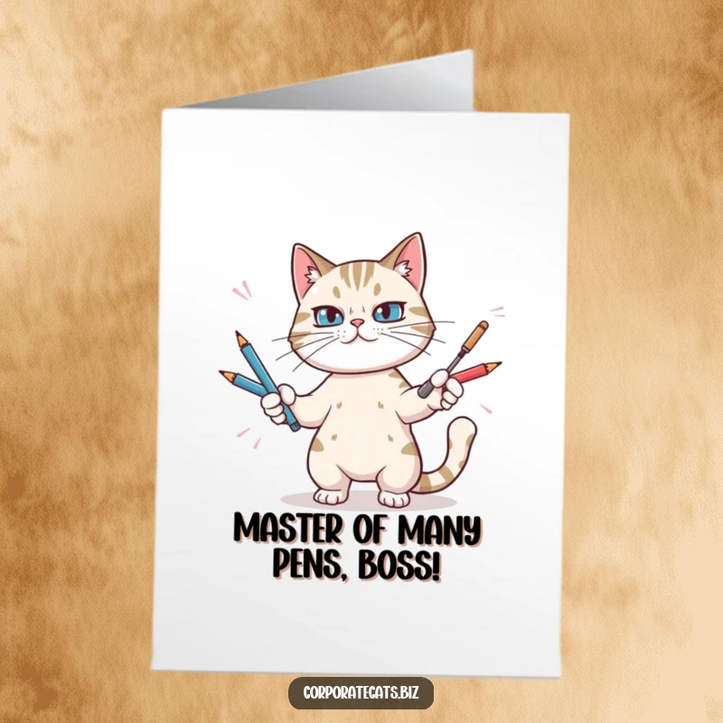 Funny Free Printable Birthday Card: Cat artistically juggles pens, symbolizing effort for a humorous celebration.