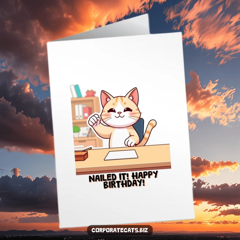 Funny Free Printable Birthday Card: Cat pumps fist triumphantly at desk, celebrating birthday success.