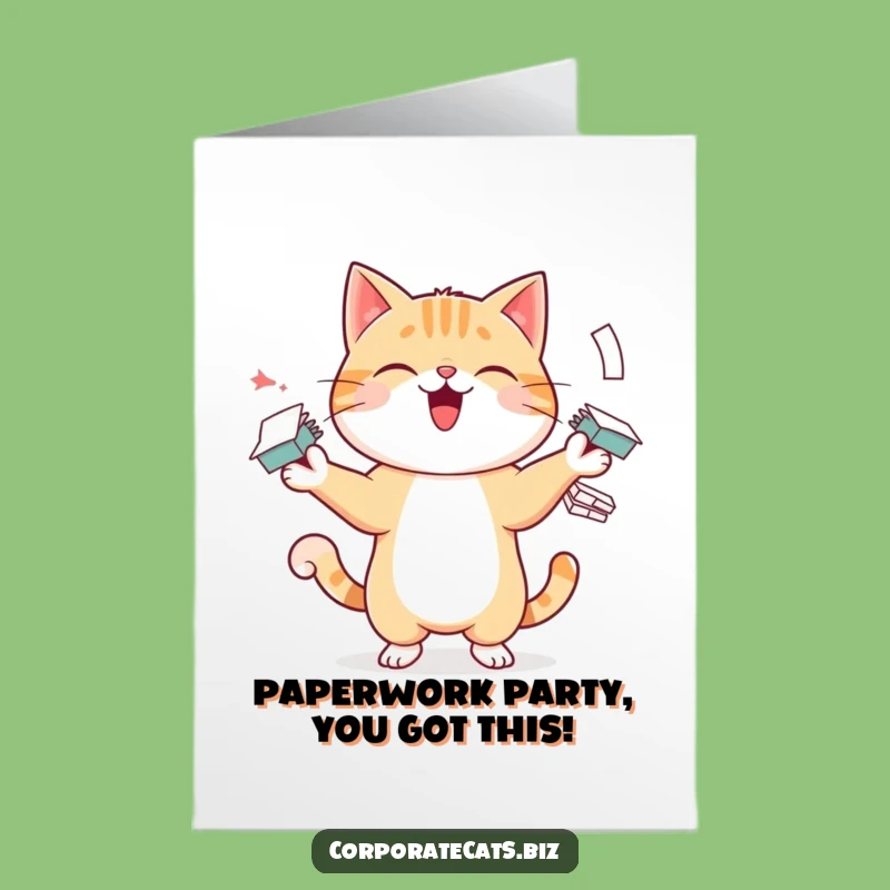 Free Printable Funny Birthday Card: Juggling Cat's Paperwork Chaos - Instant Download Gift