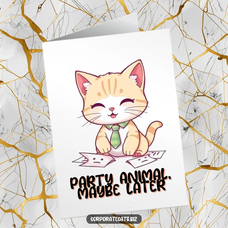 Funny Free Printable Birthday Card: A cat wearing a tiny tie comically fumbles through a stack of papers, perfect for a messy celebration.