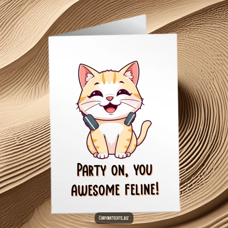 Funny Free Printable Birthday Card: A cheerful cat wearing a small headset, mid-conversation, ready for fun.