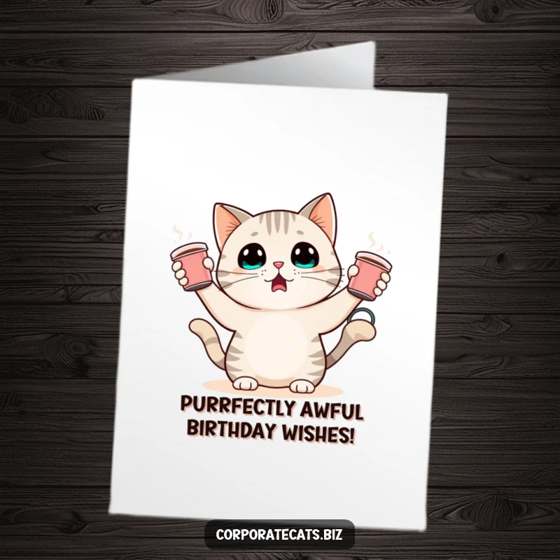 Funny free printable birthday card of a surprised cat character comically juggling multiple tiny coffee cups with wide eyes.