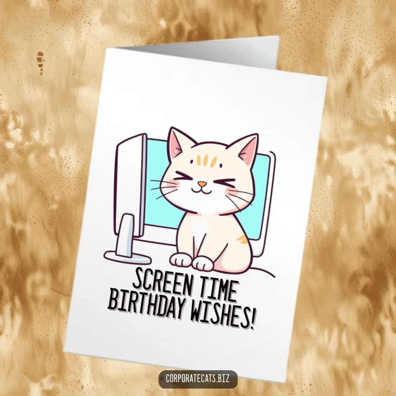 Funny Free Printable Birthday Card: Cat with crossed eyes staring wildly at a computer screen, overwhelmed by work.