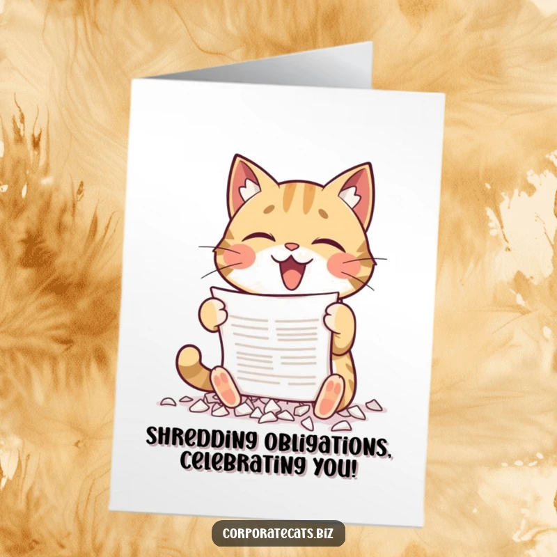 Funny Free Printable Birthday Card: Cat gleefully shredding a document with tiny paws, chaotic celebratory humor, downloadable.
