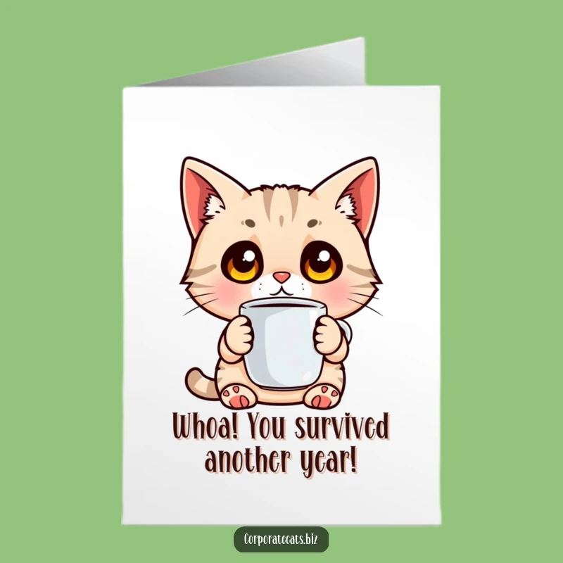 Funny Free Printable Birthday Card: Surprised Cat Coffee Shock - Downloadable Wishes!