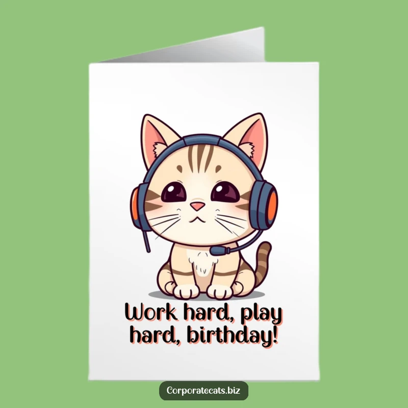 Free Printable Funny Birthday Card: Focused Cat Video Call - Hilarious Downloadable Gift