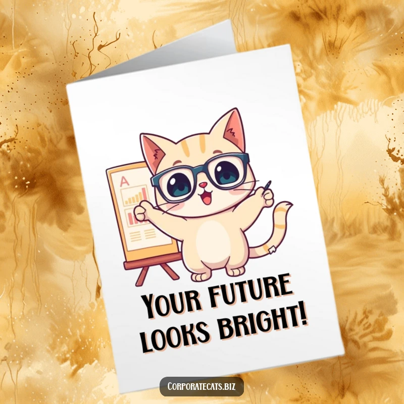 Funny Free Printable Birthday Card: Cat with glasses points excitedly at a chart, celebrating birthday.