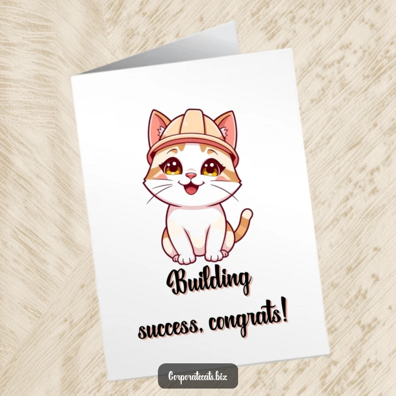 Funny Free Printable Congrats Card: A happy cat wearing a hard hat looks up attentively, celebrating success with focus.
