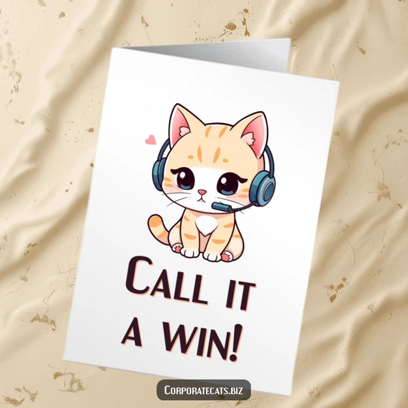Funny Free Printable Congratulations Card: A cat in a headset is absorbed in a video call, symbolizing professional success.