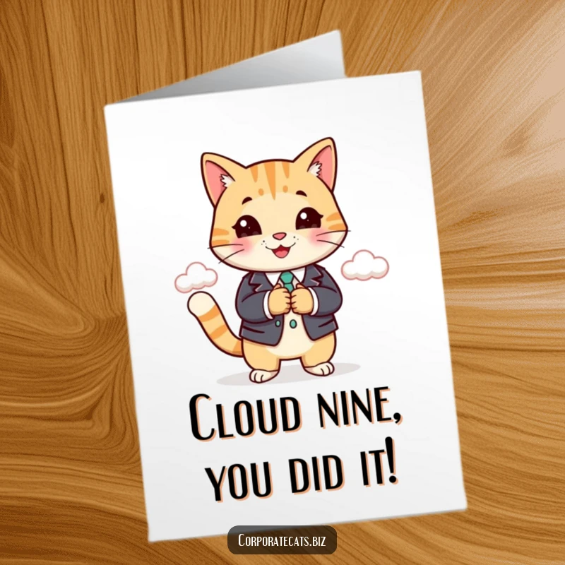Funny free printable congratulations card: cat in suit shaking hands with a cloud, sealing a deal.