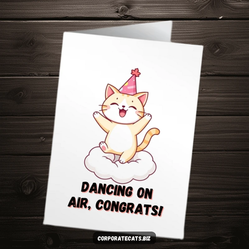 Funny free printable congratulations card: happy cat in party hat dancing on a cloud, full of joy.