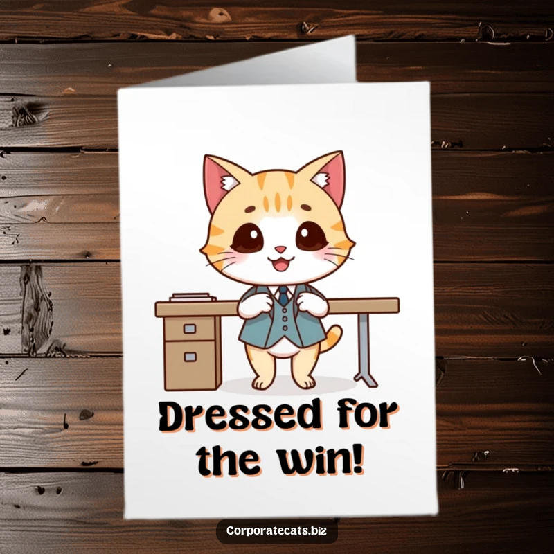 Funny Free Printable Congratulations Card: Cat in a tiny suit elegantly crosses legs, offering congratulations.