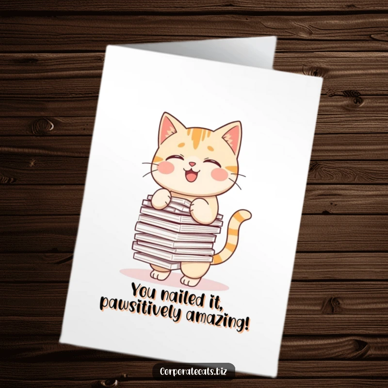Funny Free Printable Congratulations Card: A stressed cat struggling to balance a towering pile of papers, looking relieved.