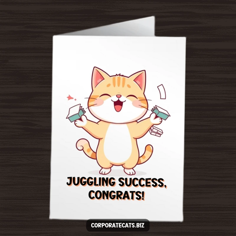 Funny Free Printable Congratulations Card: Cheerful cat masterfully juggling papers, celebrating success with witty humor.