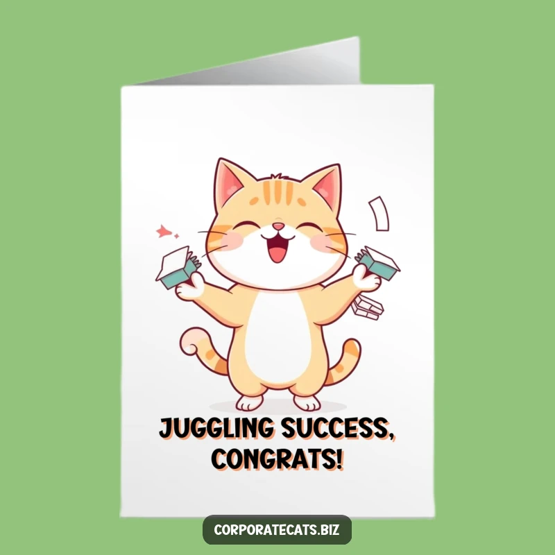 Free Printable Cat Card: Juggling Papers for Congratulations - Funny Downloadable Gift