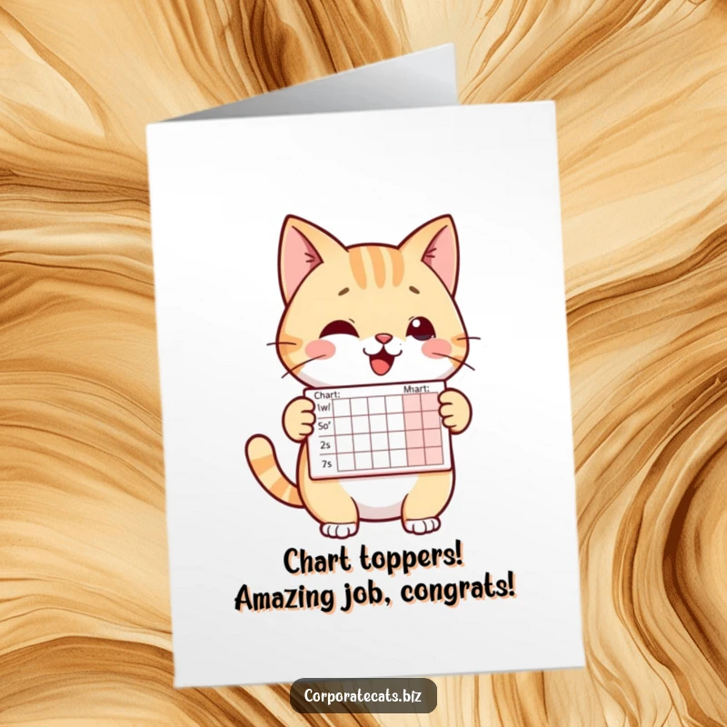 Funny free printable congratulations card of a cheerful cat character showing off a tiny chart indicating great success.