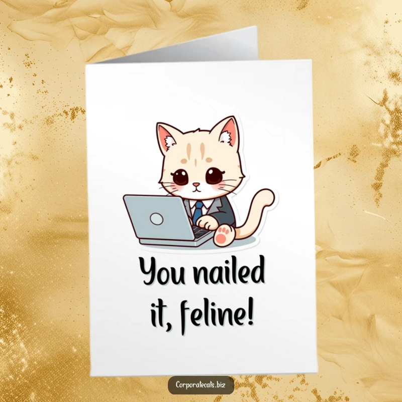 Funny Free Printable Congrats Card: A cat in a suit and tie types expertly on a laptop, congratulating them with class.