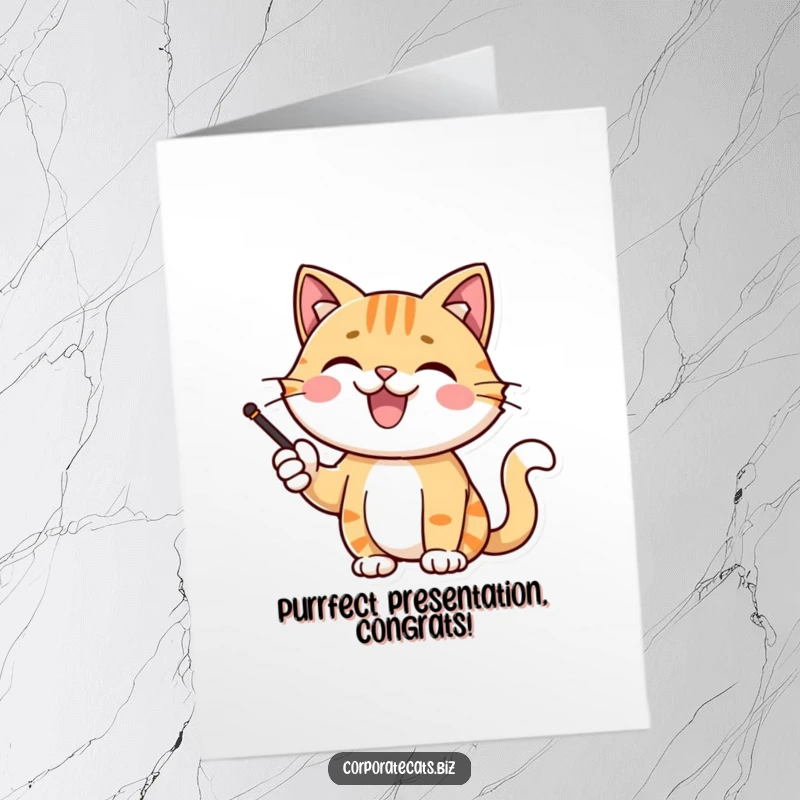 Funny Free Printable Cat Card: A beaming cat character points proudly during a celebratory presentation.