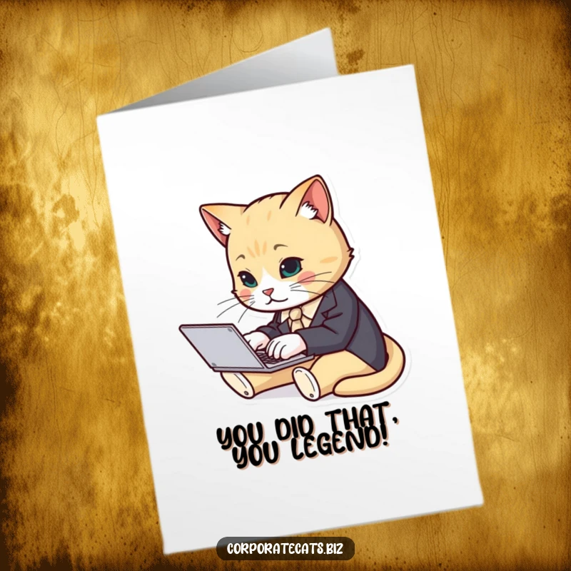 Funny Free Printable Congrats Card: Cat in suit typing fast on laptop, conveying congratulations.