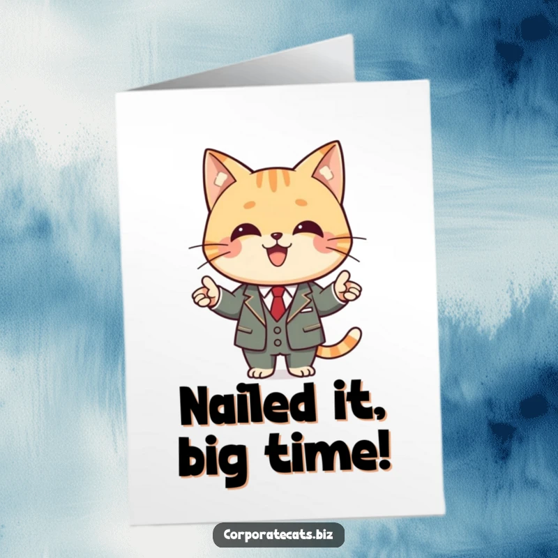 Free Printable Congratulations Card: A dapper cat in a suit gives a professional business presentation.