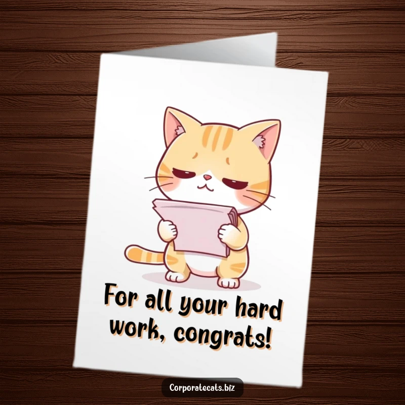 Funny Free Printable Congratulations Card: Cat nervously presents a giant stack of papers, celebrating a hard-won victory.
