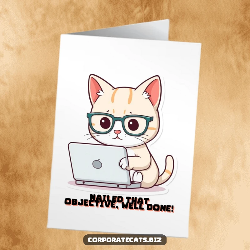 Funny Free Printable Congratulations Card: A cat in small glasses is deeply focused on typing on a tiny laptop.