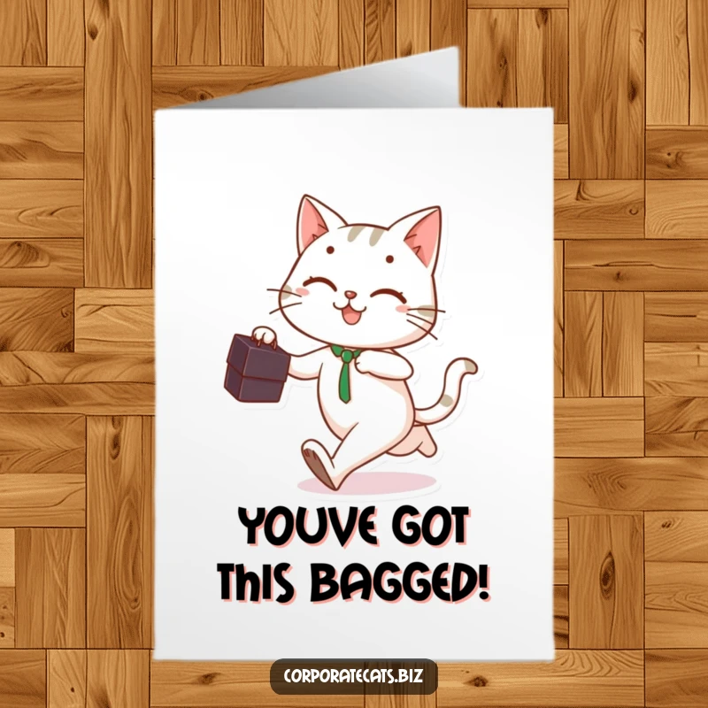 Funny Free Printable Congratulations Card: A smiling cat dashes with a briefcase, symbolizing a swift and successful journey.