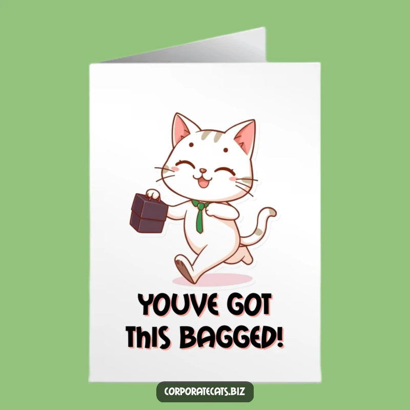 Free Printable Congrats Card: Cat With Briefcase Running, Humorous Achievement Downloadable Gift