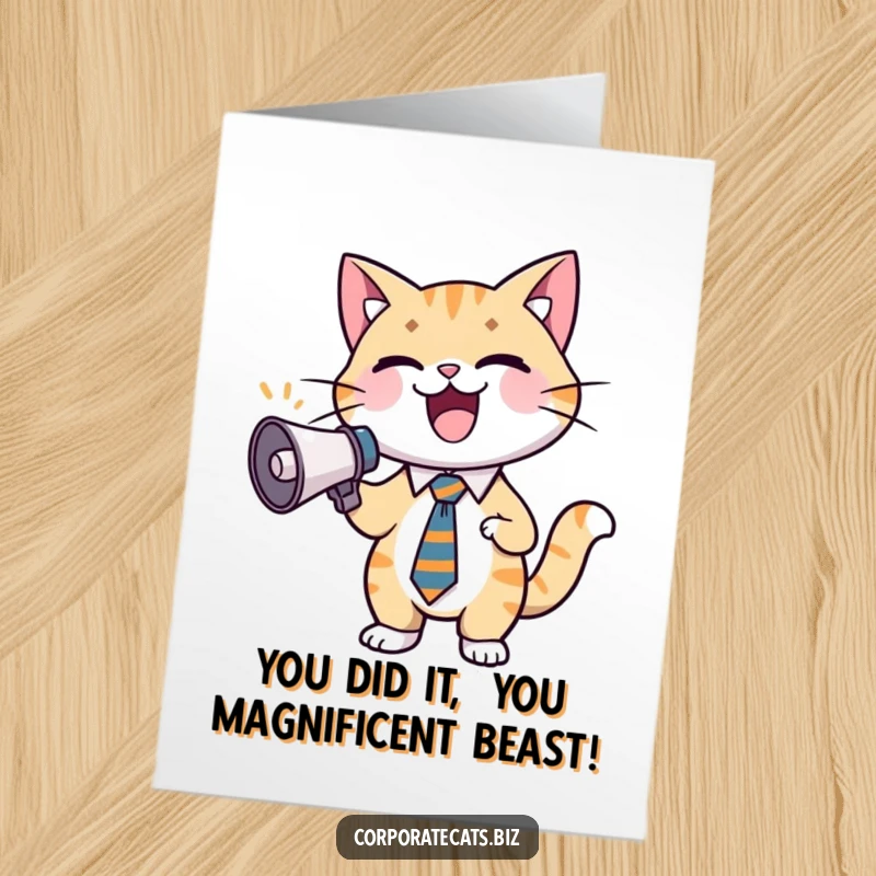 Free Printable Congratulations Card: A dapper cat in a tie enthusiastically cheers into a tiny megaphone.