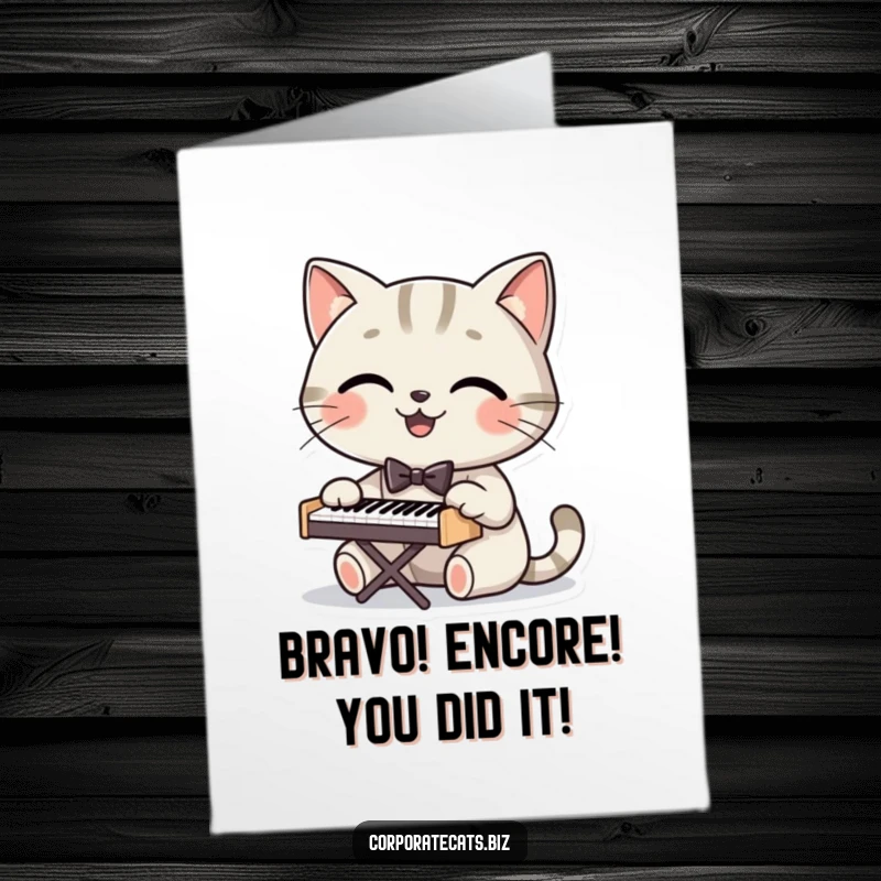 Funny Free Printable Congratulations Card: Smiling cat in bowtie plays piano, celebrating success with downloadable humor.