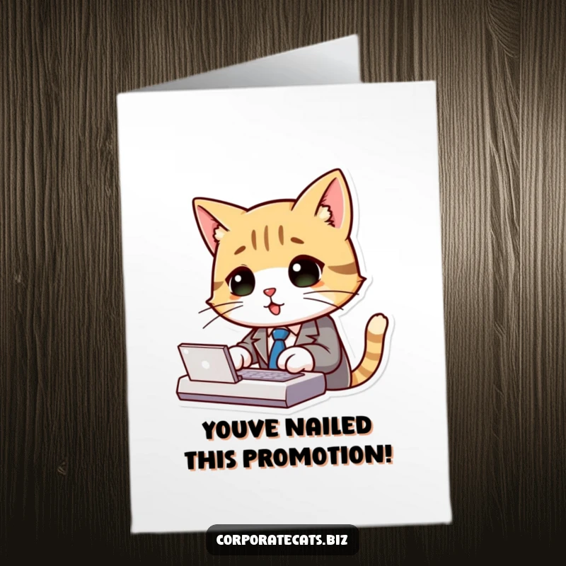 Funny Free Printable Congratulations Card: A well-dressed cat in a suit and tie types with intense focus, celebrating achievements.