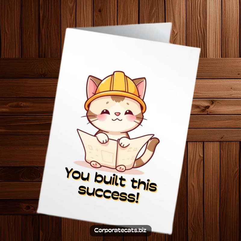 Funny Free Printable Congrats Card: Cat architect wearing a hard hat, reviewing blueprints for a successful new venture.